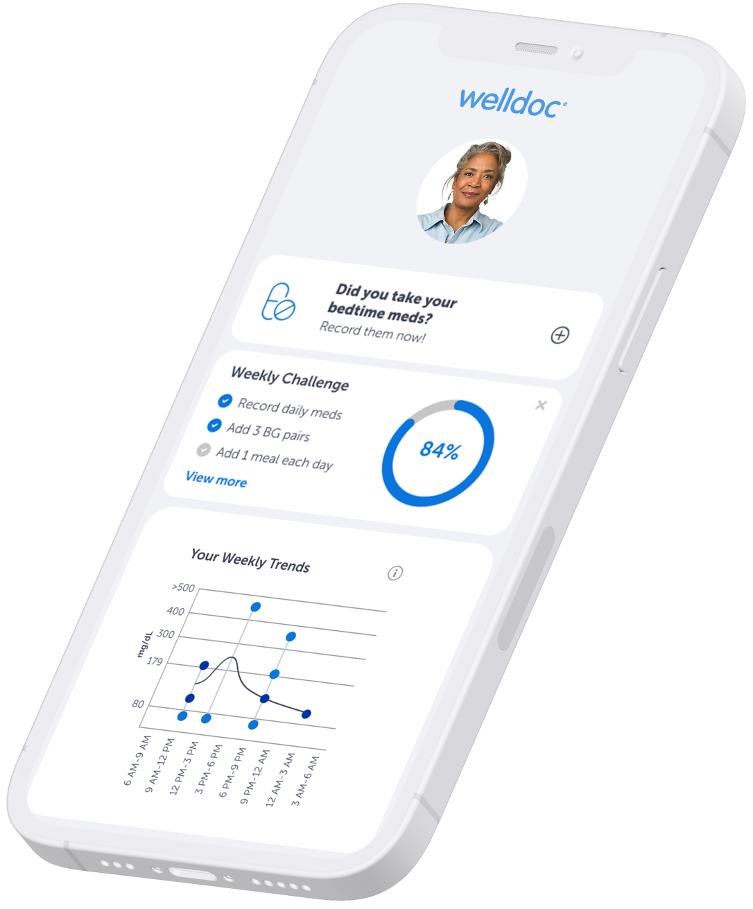 Mock up of a white mobile phone with the Welldoc app screen on it showing a "did you ckeck your meds?" card remider, a "Weekly challenge" card and "Your weekle trends" card