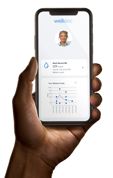 Male hand holding phone with a Welldoc app on it showing Most recent Blood glucose and Your weekly trends