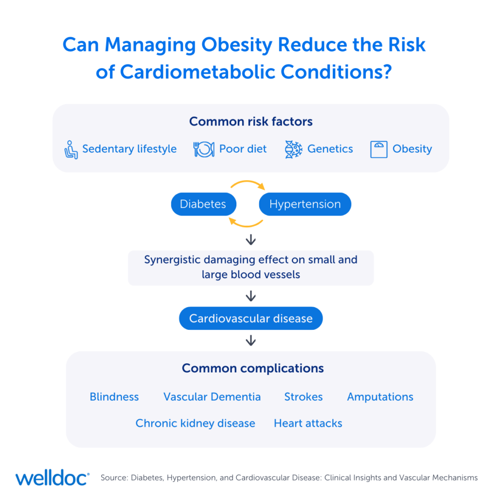 Can managing obesity reduce the risk of cardiometabolic conditions? Common risk factors: sedentary lifestyle, poor diet, genetics, obesity. Can lead to diabetes and hypertension. Which have a synergistic damanging effect on small and large blood vessels, leading to cardiovascular disease. Common complications include: blindness, vascular dementia, strokes, amputations, chronic kidney disease and heart attacks.