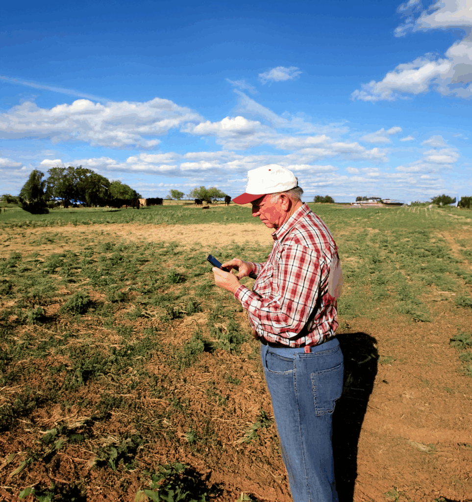 Man reading his phone on a farm