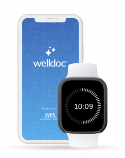 Phone with Welldoc welcome splash screen and smart watch